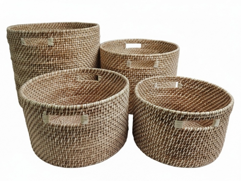 Handcrafted Round Rattan Storage Bins with Integrated Handles